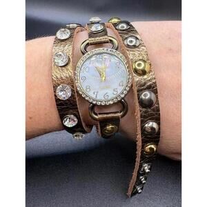 Geneva Leather Studded Wrap Watch